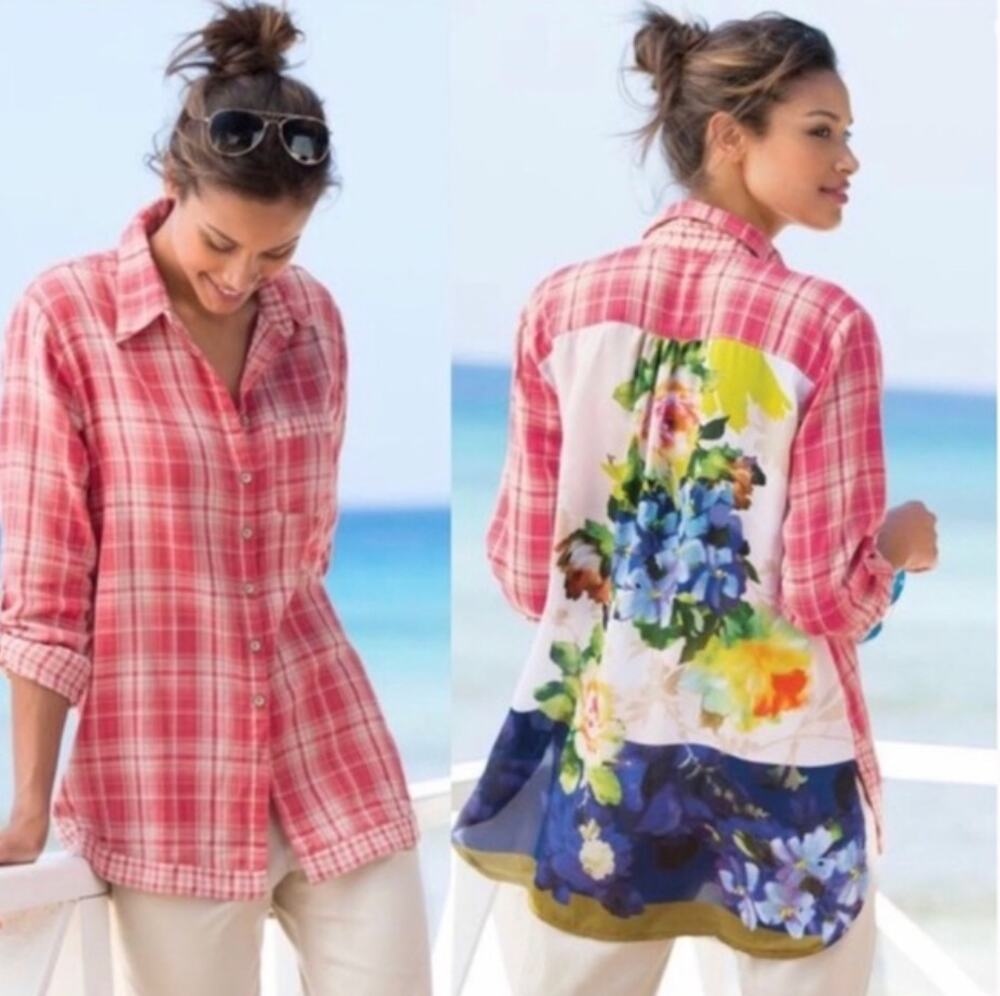 Soft Surroundings Kaolin Pink White Shirt Floral Cotton Button-Up Size Small S